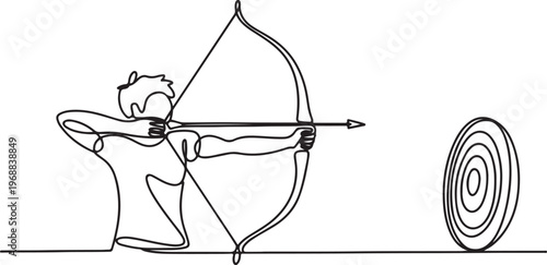 One continuous line drawing of young archer man pulling bow to shooting an archery target. One line draw graphic design vector