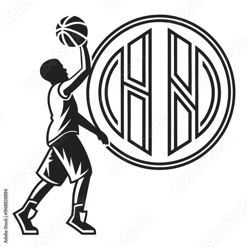 Basketball player with monogram with slam dunk