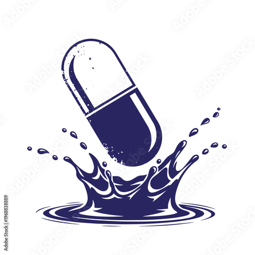 Dark blue medical pill capsule falling into a liquid splash with scattered droplets and a textured surface isolated on a white background