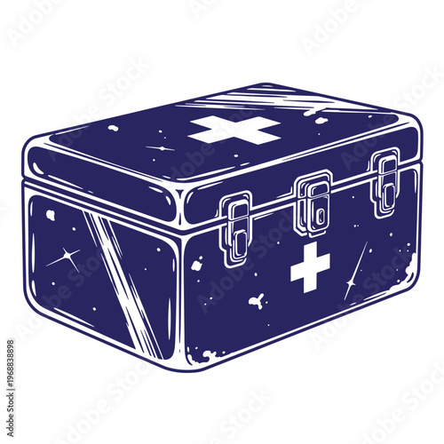 Dark blue medical first aid kit box with white cross symbols and star patterns in a stylized isolated on a white background