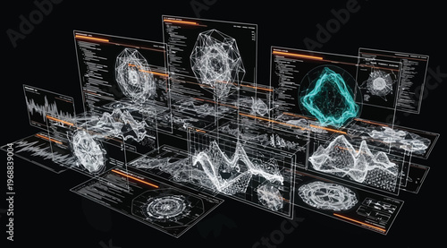 Futuristic digital interface with data visualization, complex geometric structures, and code snippets on a dark background