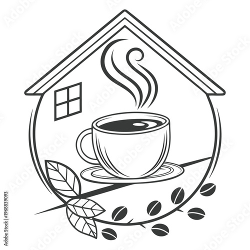 Cozy coffee house graphic with steaming cup with coffee beans and leaves are