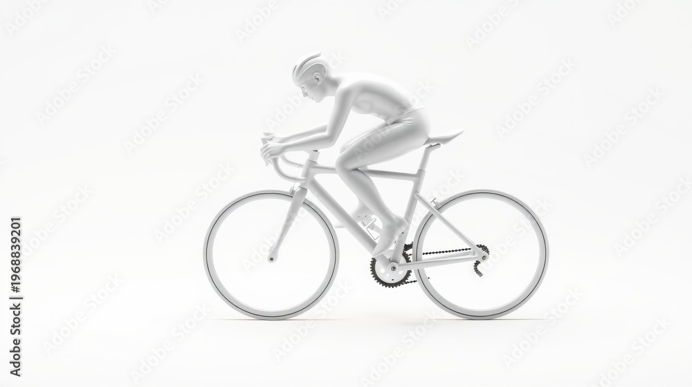 Fototapeta premium Mannequin riding bicycle. Minimalist studio shot, white background, sleek design. Focus on form, motion, simplicity.
