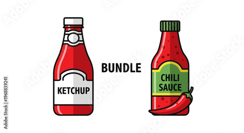 Ketchup Bottle and Chili Sauce Bottle Bundle on an Isolated White Background