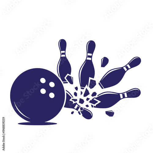 Dark blue silhouette of a bowling ball striking and shattering pins into small fragments isolated on a white background