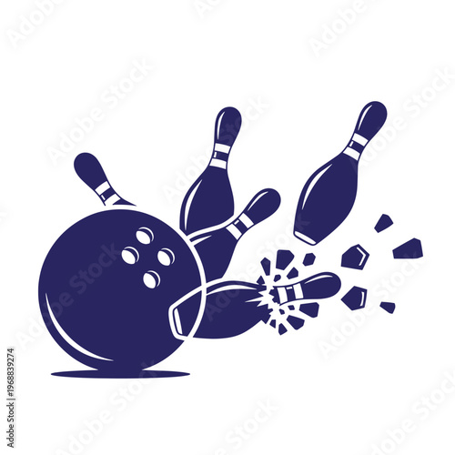 Dark blue silhouette of a bowling ball striking and scattering pins with flying fragments isolated on a white background