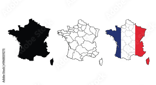 Three visual representations of the country of france with different styles Vector