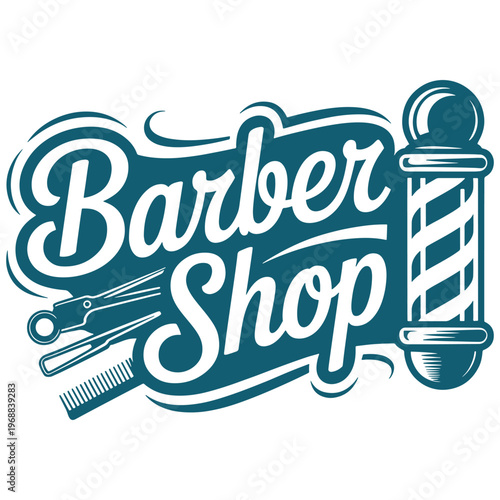 Vintage barber shop logo featuring classic grooming tools and barber pole