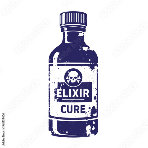 Dark blue silhouette of a medicine bottle with a skull and crossbones and the text elixir cure featuring a distressed grunge texture on a white background