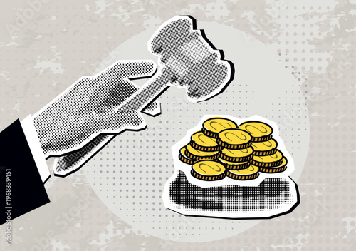 Trendy Halftone Collage hand holding criminal judgment authority hammer and money. Violation of the law, bribe for a crime committed.