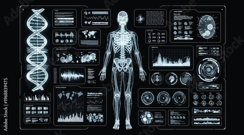 Futuristic medical interface with human skeleton, dna helix, and data analysis charts