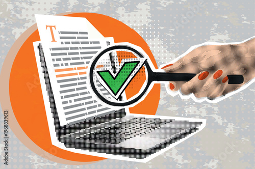 Trendy Halftone Collage Online education, creative writing and storytelling, distant learning. Template for banner, poster, social media and ads. Vector illustration. Contemporary art. Vector