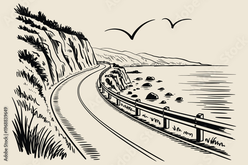 Coastal road cliff landscape ink sketch vector illustration, scenic seaside mountain highway drawing with ocean view, hand drawn monochrome nature artwork isolated on white background