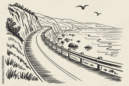 Coastal road cliff landscape ink sketch vector illustration, scenic seaside mountain highway drawing with ocean view, hand drawn monochrome nature artwork isolated on white background