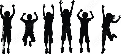 Black silhouettes of happy children jumping and cheering together with arms raised isolated on white background for joyful childhood concept