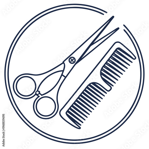 Scissors and comb icon within a circle with graphic represents the tools used
