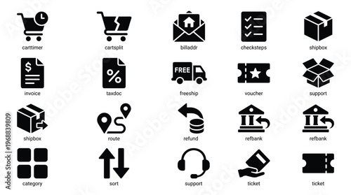 Collection of ecommerce and shopping icons in black and white