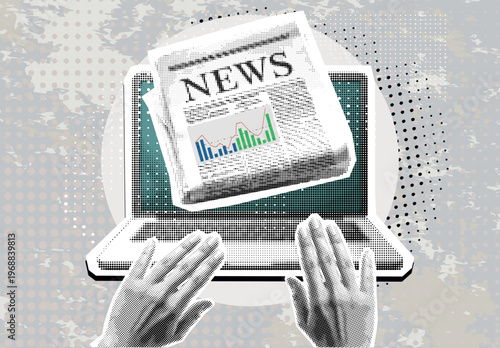 Trendy Halftone Collage with Breaking news on a screen laptop. Media, journalism, or news apps. modern design