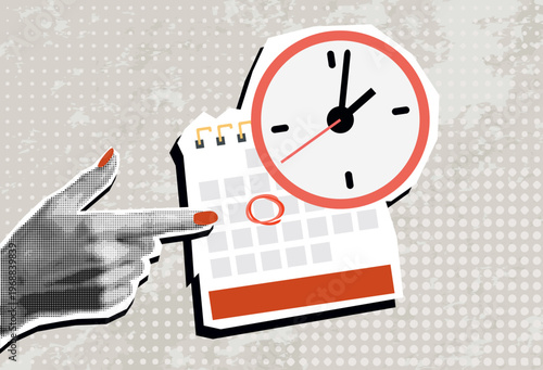 Trendy halftone collage hand pointing Calendar with clock on the wall and  marking one day on it. Trendy newspaper cut out paper elements. Vector illustration.