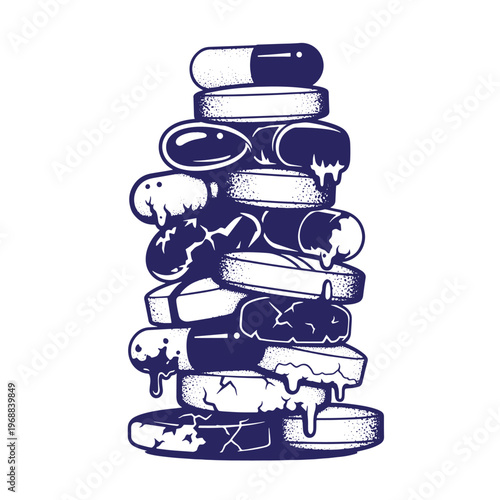 Stack of melting pharmaceutical pills and capsules with stippled shading in dark blue ink on a white background