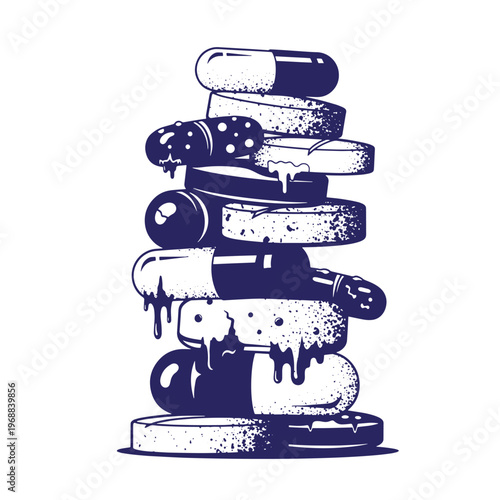 Stack of melting medical pills and capsules with dark blue ink texture and stippled shading isolated on a white background