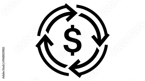 Black Dollar Sign in Circular Arrows Icon for Financial Transaction and Continuous Cash Flow on Isolated White Background