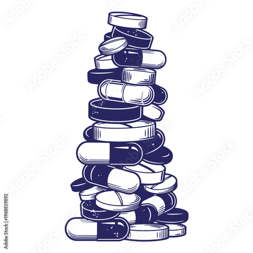 Stack of various pharmaceutical pills and capsules in a dark blue ink line style on a white background