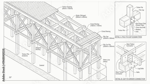 Detailed isometric technical drawing illustrating a timber pile foundation structure with various components and connections, on a bright background.