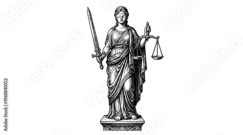 Detailed engraving of Lady Justice, blindfolded and holding balanced scales with a sword, embodying legal principles on an isolated white background.