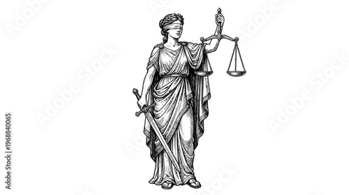 Lady Justice statue blindfolded, holding scales of balance and a sword, symbolizing law and justice, in bright studio.