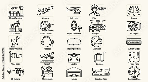 Extensive collection of outline icons related to airport operations and aviation industry services, on a bright background.