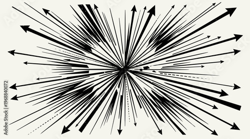 Graphic representation of black arrows emanating from a focal point, depicting a burst or explosion with speed lines on an isolated white background.
