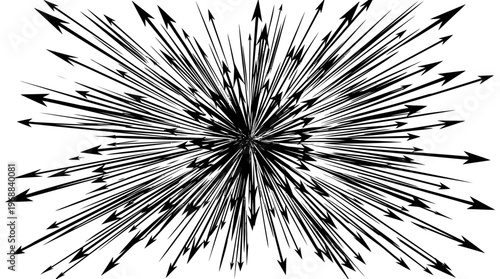 Monochrome illustration of black arrows radiating rapidly from a central point, symbolizing speed and expansion on an isolated white background.