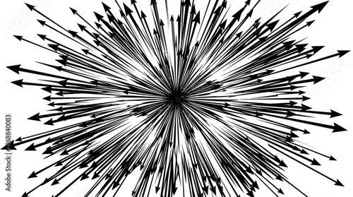 Abstract dynamic radial burst of black arrows expanding outwards from the center, isolated white background.