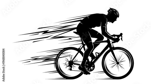 Silhouette of a male athlete cycling vigorously on a racing bike, showing rapid motion effect on an isolated white background.