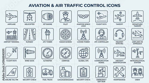 Comprehensive set of line icons representing aviation and air traffic control concepts, on a bright background.