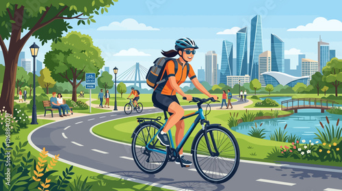 Young Woman Actively Riding Bicycle on a Winding Path in a Green City Park with Modern Skyscrapers, Outdoor Exercise