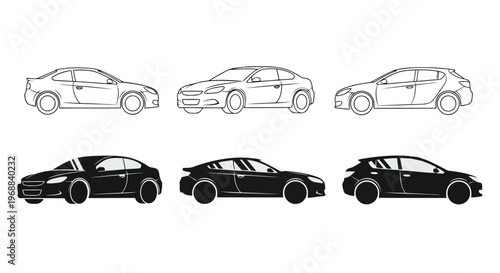 Evolution of sedan and hatchback car designs through sketch and final render stages Vector
