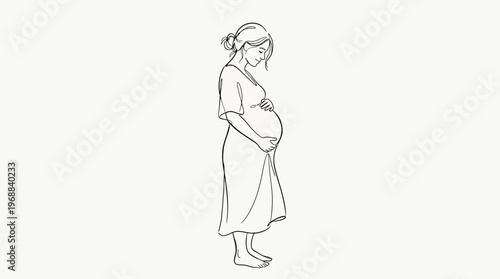 Pregnant Woman Standing and Gently Holding Her Belly, Line Art Drawing, Isolated White Background, Motherhood Concept