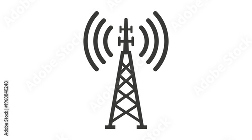 Black Silhouette Communication Tower Emitting Radio Waves, Isolated White Background, Technology Concept