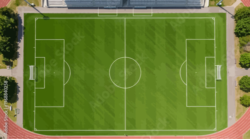 Aerial View of a Green Football Soccer Field in a Large Sports Stadium with Running Track