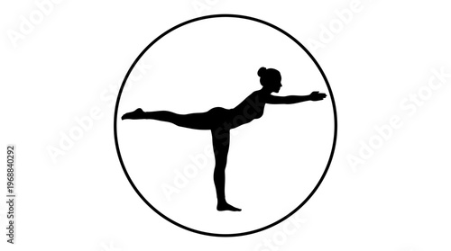 Black silhouette of a woman gracefully performing a yoga warrior III pose within a circle, symbolizing balance, strength, and mindfulness, isolated white background.
