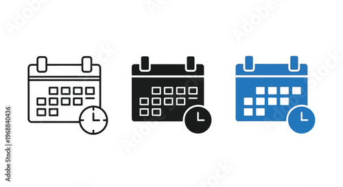 Three calendar icons with clock symbols representing time management and scheduling Vector