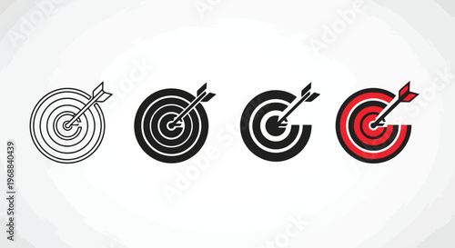 Progression of target accuracy with archery arrows hitting bullseyes Vector