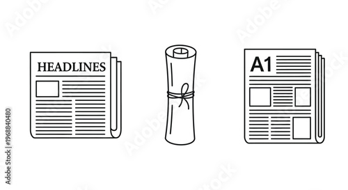 Line art illustration depicting three different types of news media formats