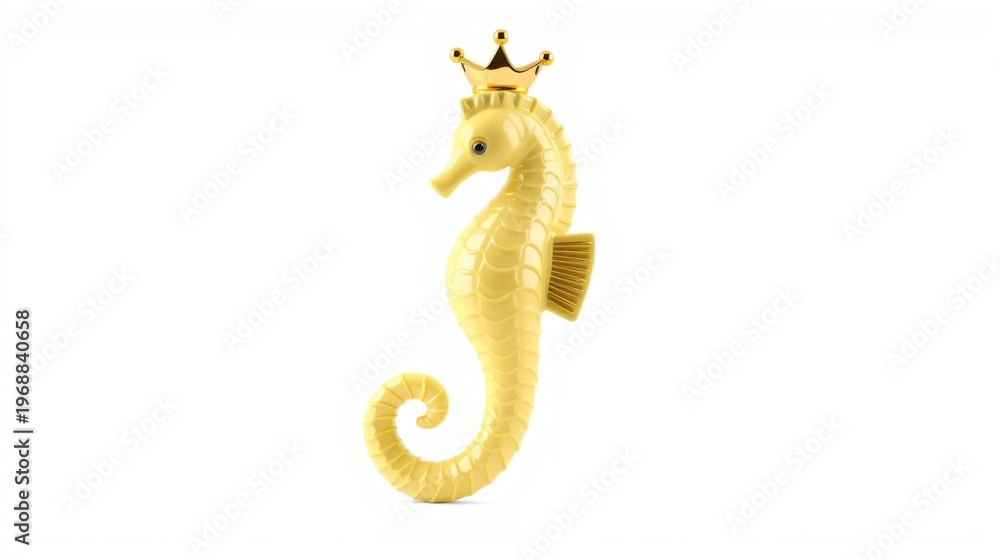 Fototapeta premium Golden seahorse figurine wearing small crown. Smooth texture, elegant form, isolated on white background. Delicate details present.