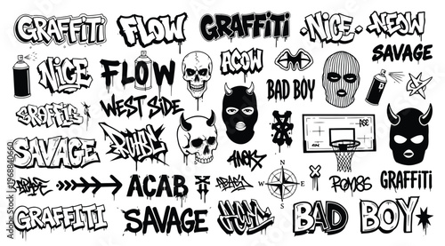 Graffiti street art elements set with skulls, masks, spray cans, and lettering