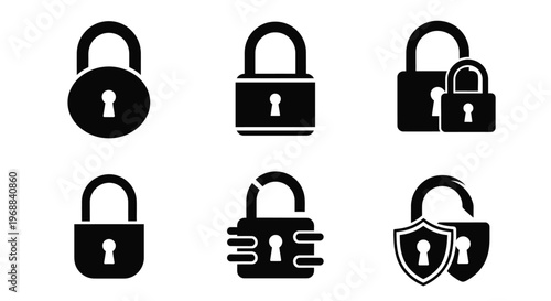 Collection of black padlock icons in various styles and states