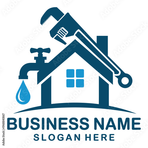 Professional plumbing and home repair service logo design with a house and tools