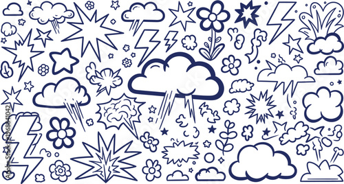 Whimsical doodle art a blue and white pattern of celestial and floral elements